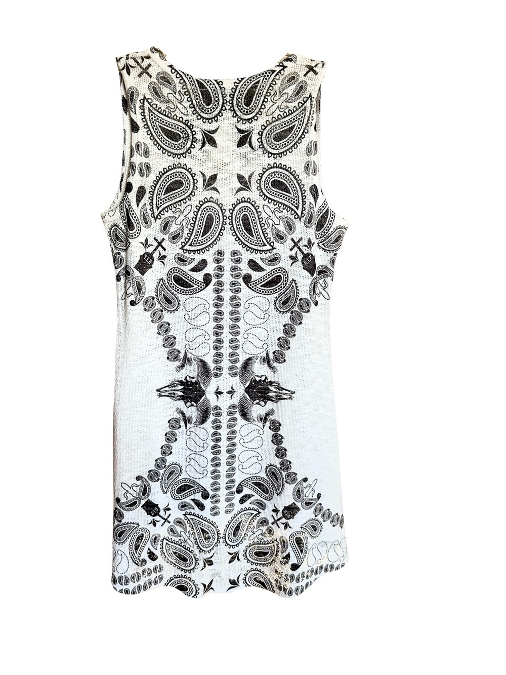 Vocal White Knit Tunic with Black Paisley Print and Rhinestone Accents- NWT M